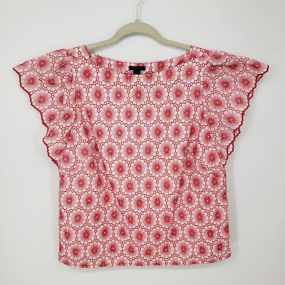 Ann Taylor Floral Eyelet Embroidered Flutter Sleeve Top Womens Size S Red White